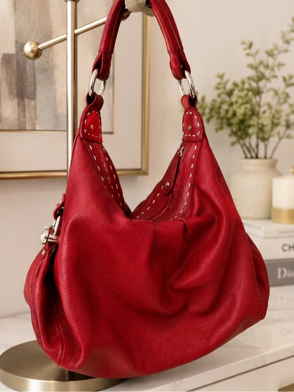 Vintage Y2K BCBGMAXAZRIA Red Leather Hobo Shoulder Bag
